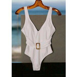 Shekini One Piece High Leg Swim Suit S White Belted Sexy Beach Honeymoon NEW